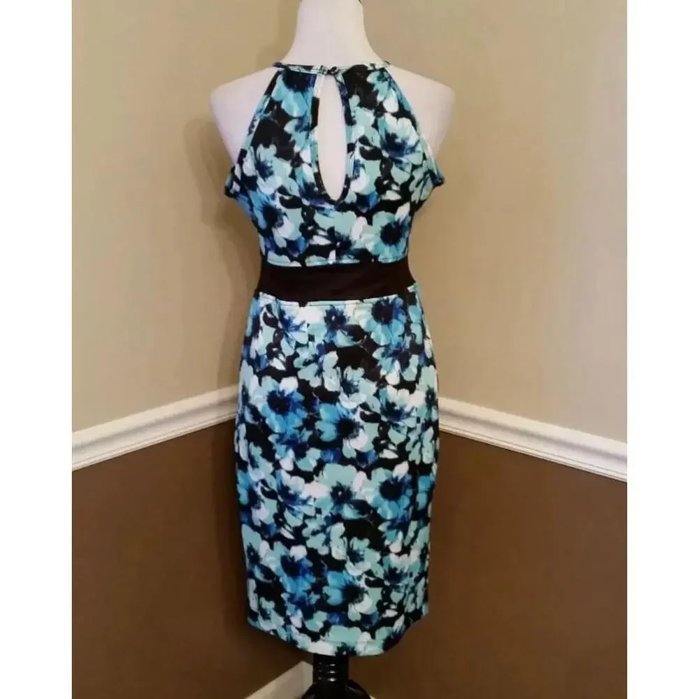 Blue Floral Halter Neckline Midi ModCloth Dress with Sheer Waist by Roxberi